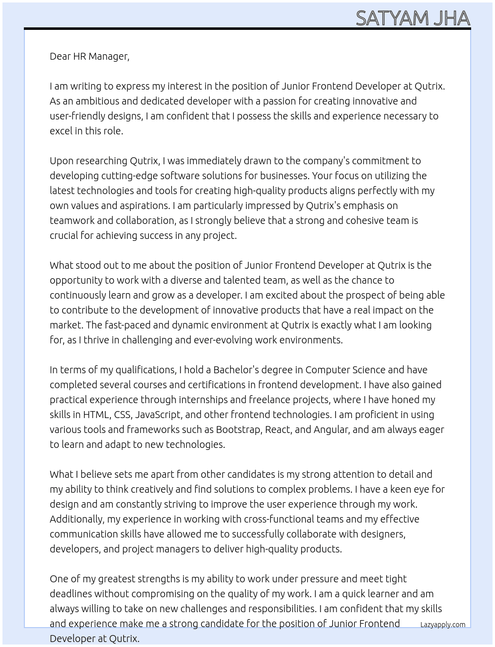 Junior Frontend Developer  At Qutrix Cover Letter
