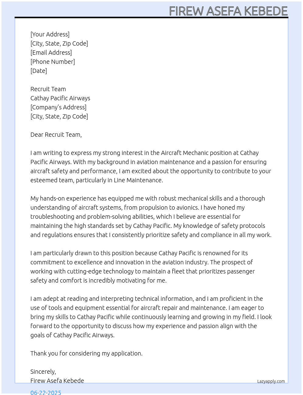 Aircraft Mechanic At Cathay Pacific Airways Cover Letter