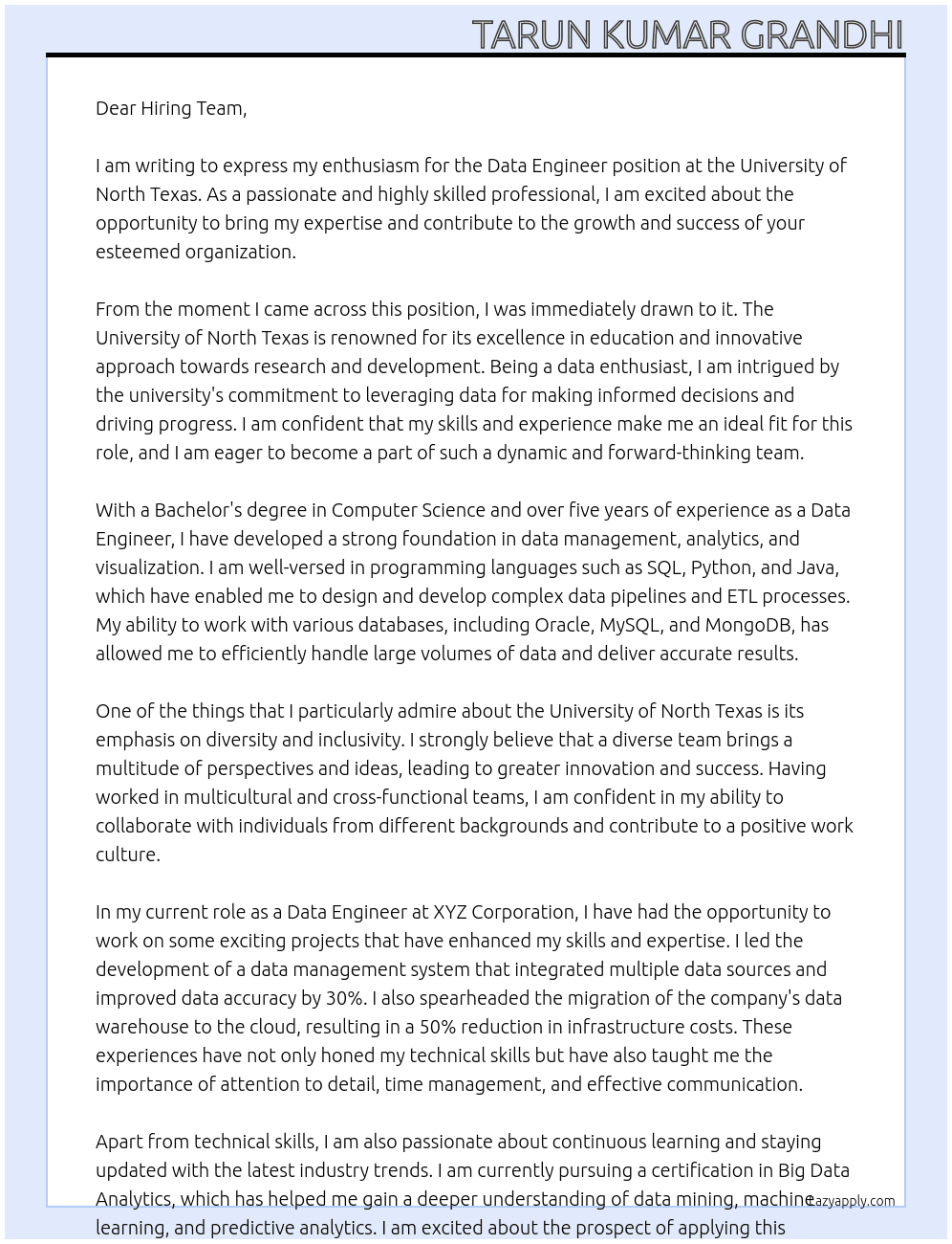 Data Engineer At University of North Texas Cover Letter