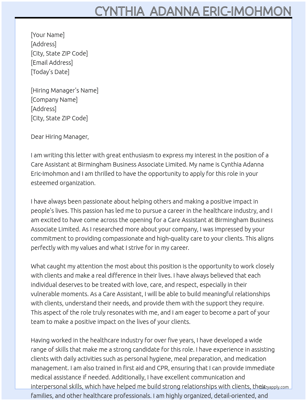 CARE ASSISTANT At BIRMINGHAM BUSINESS ASSOCIATE LIMITED Cover Letter
