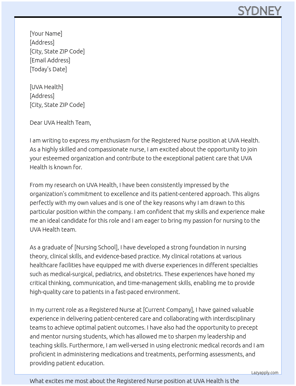 Registered Nurse At UVA Health Cover Letter