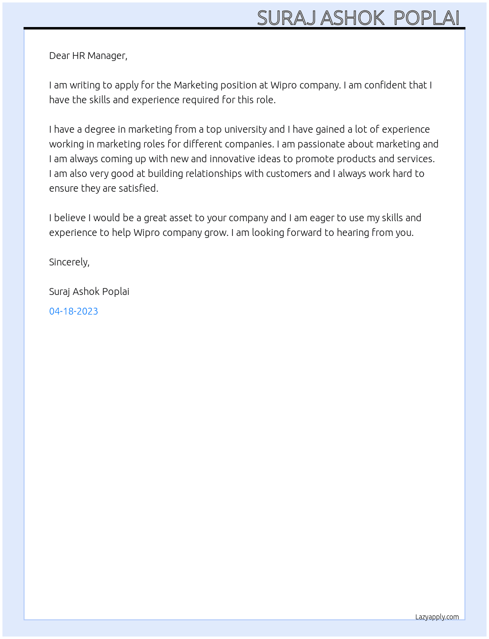 Marketing  At Wipro company  Cover Letter