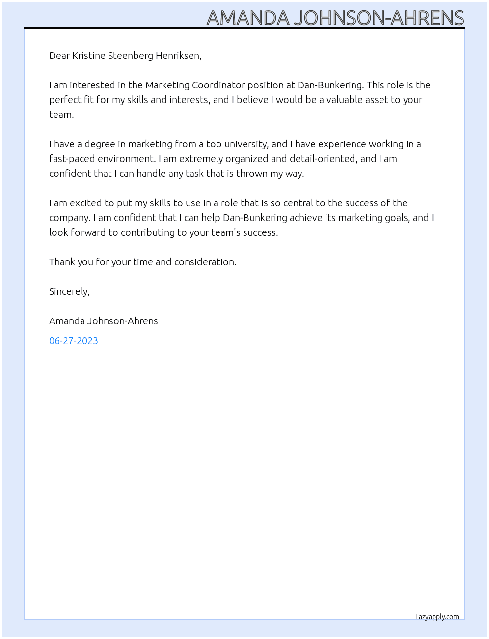 Marketing Coordinator At Dan-Bunkering Cover Letter