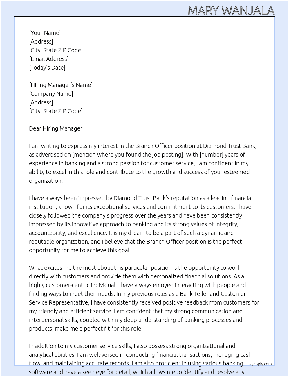 Branch Officer At Diamond Trust Bank Cover Letter