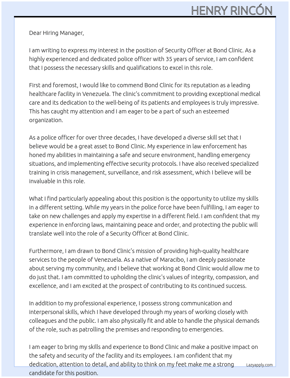 security officer At Bond Clinic Cover Letter