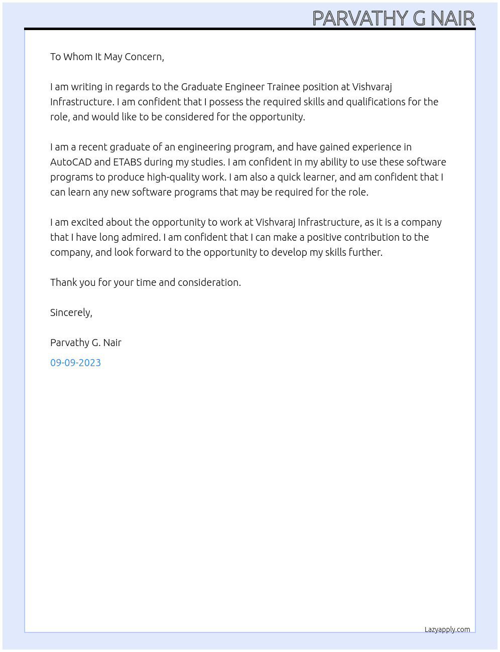Graduate engineer trainee At Vishvaraj infrastructure Cover Letter