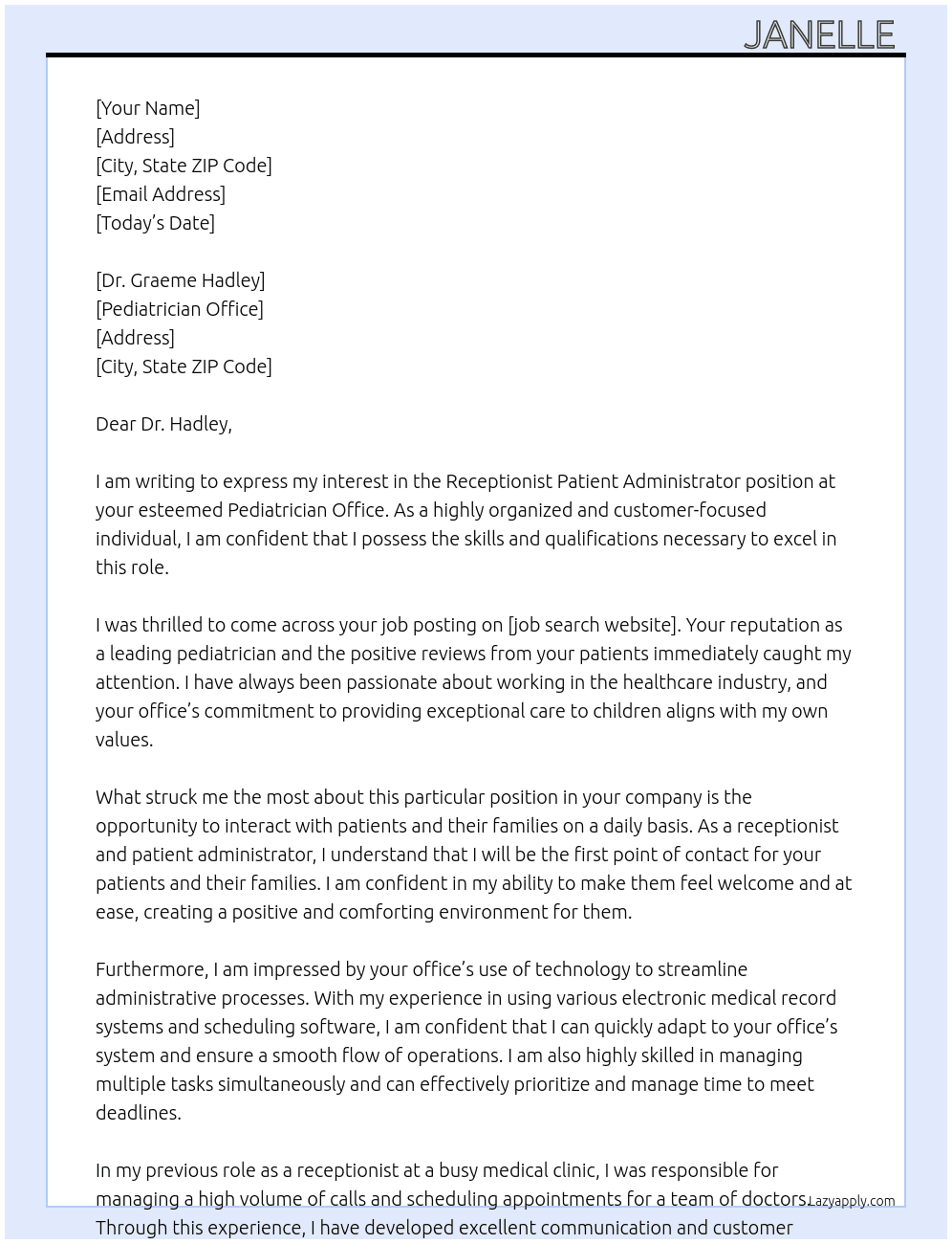 Receptionist Patient Administrator  At Pediatrician Office  Cover Letter