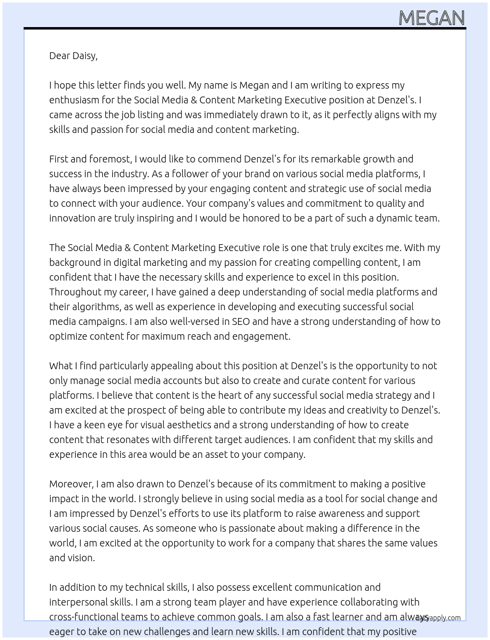 Social Media & Content Marketing Executive At Denzel's  Cover Letter