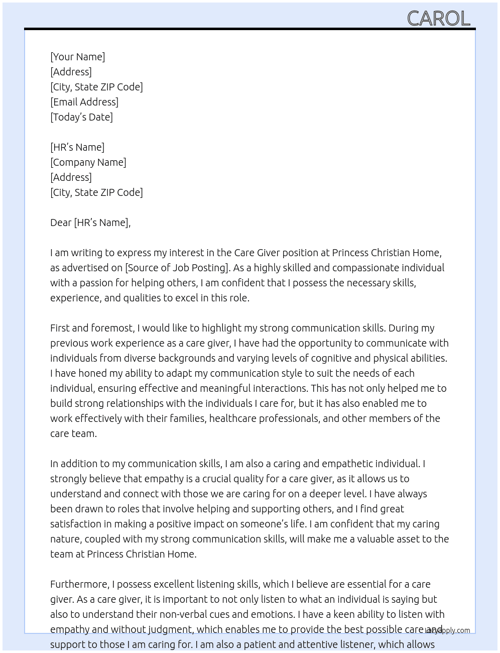 Care Giver  At Princess Christian Home Cover Letter