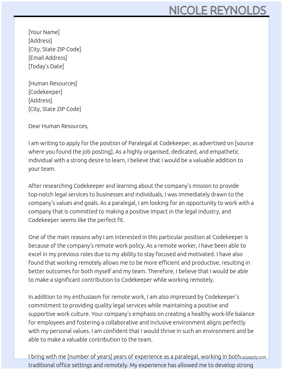 Paralegal At Codekeeper Cover Letter