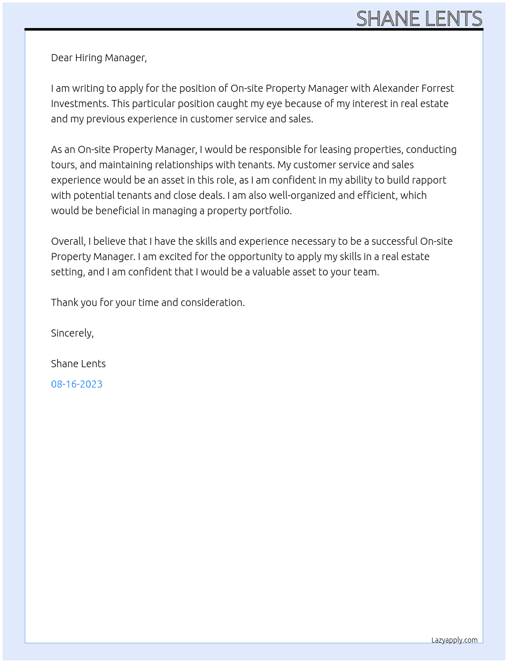 On-site Property Manager At Alexander Forrest Investments Cover Letter