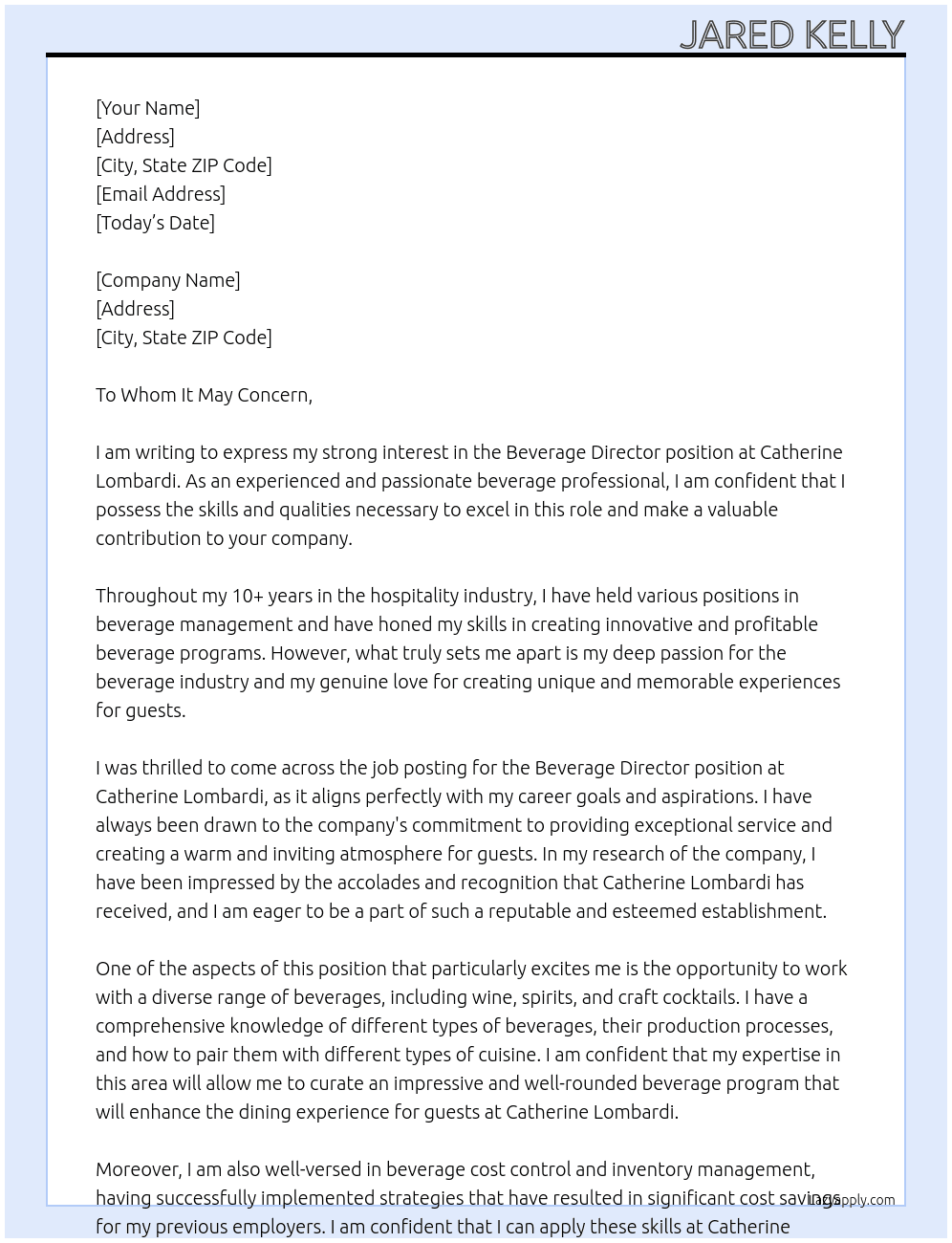 Beverage Director At Catherine Lombardi Cover Letter