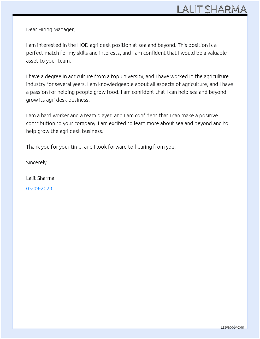HOD agri desk At sea and beyond Cover Letter