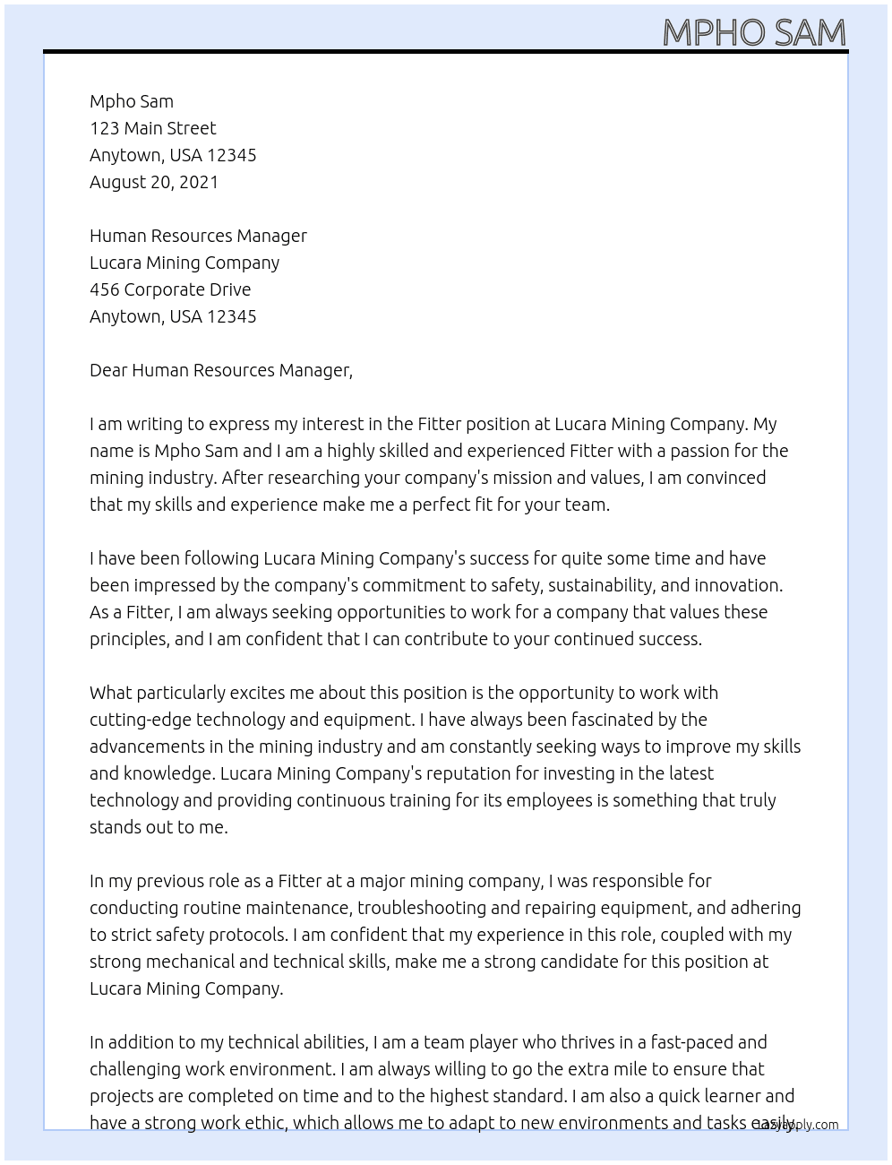 Fitter At Lucara Mining Company  Cover Letter