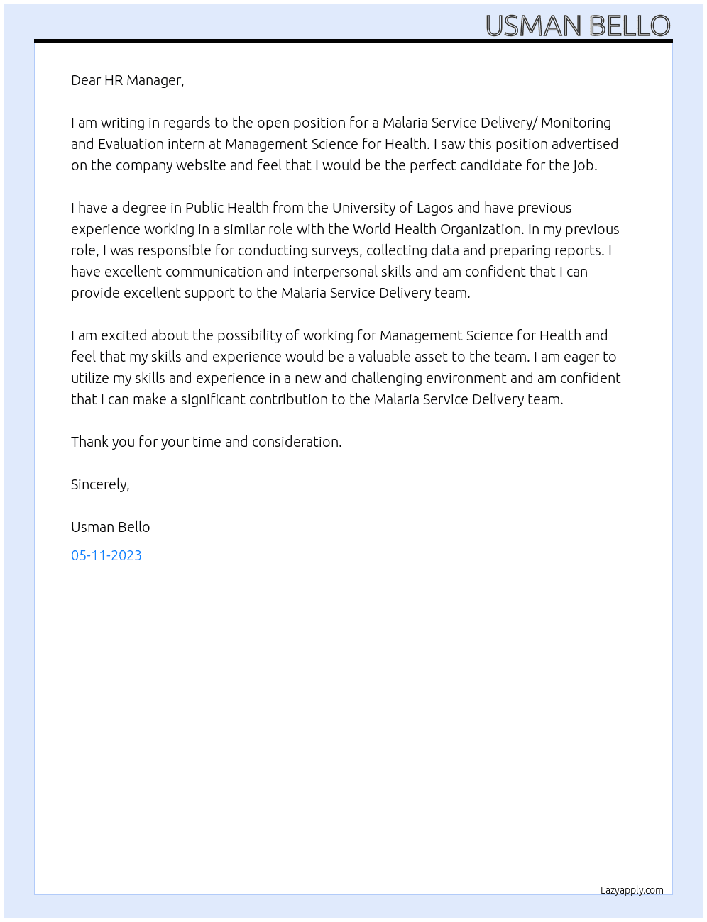 Malaria Service Delivery/ Monitoring and Evaluation intern At Management Science for Health   Cover Letter
