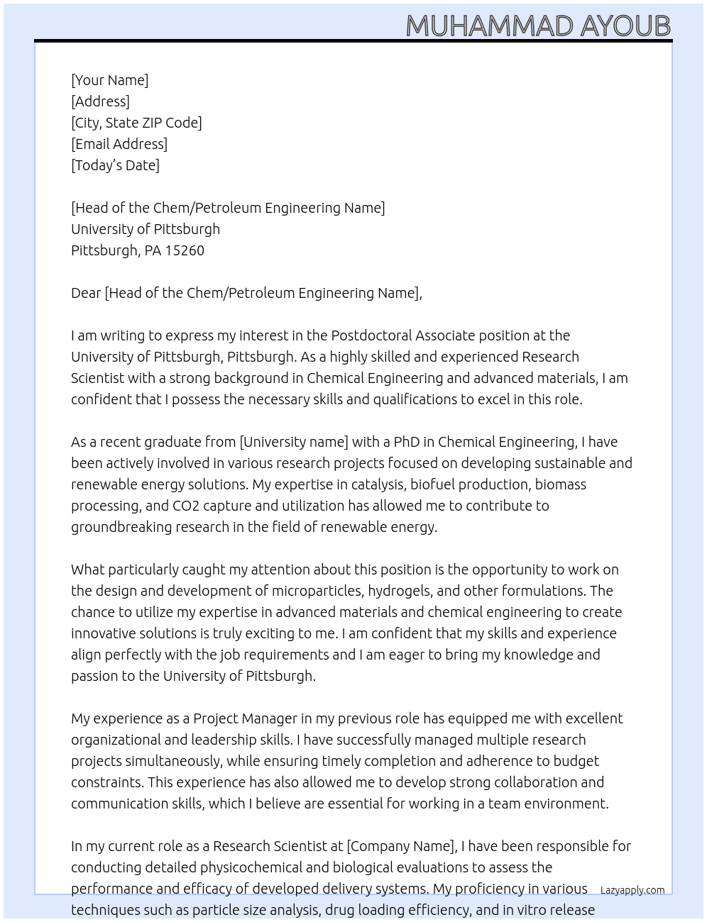 Postdoctoral Associate At  University of Pittsburgh, Pittsburgh Cover Letter