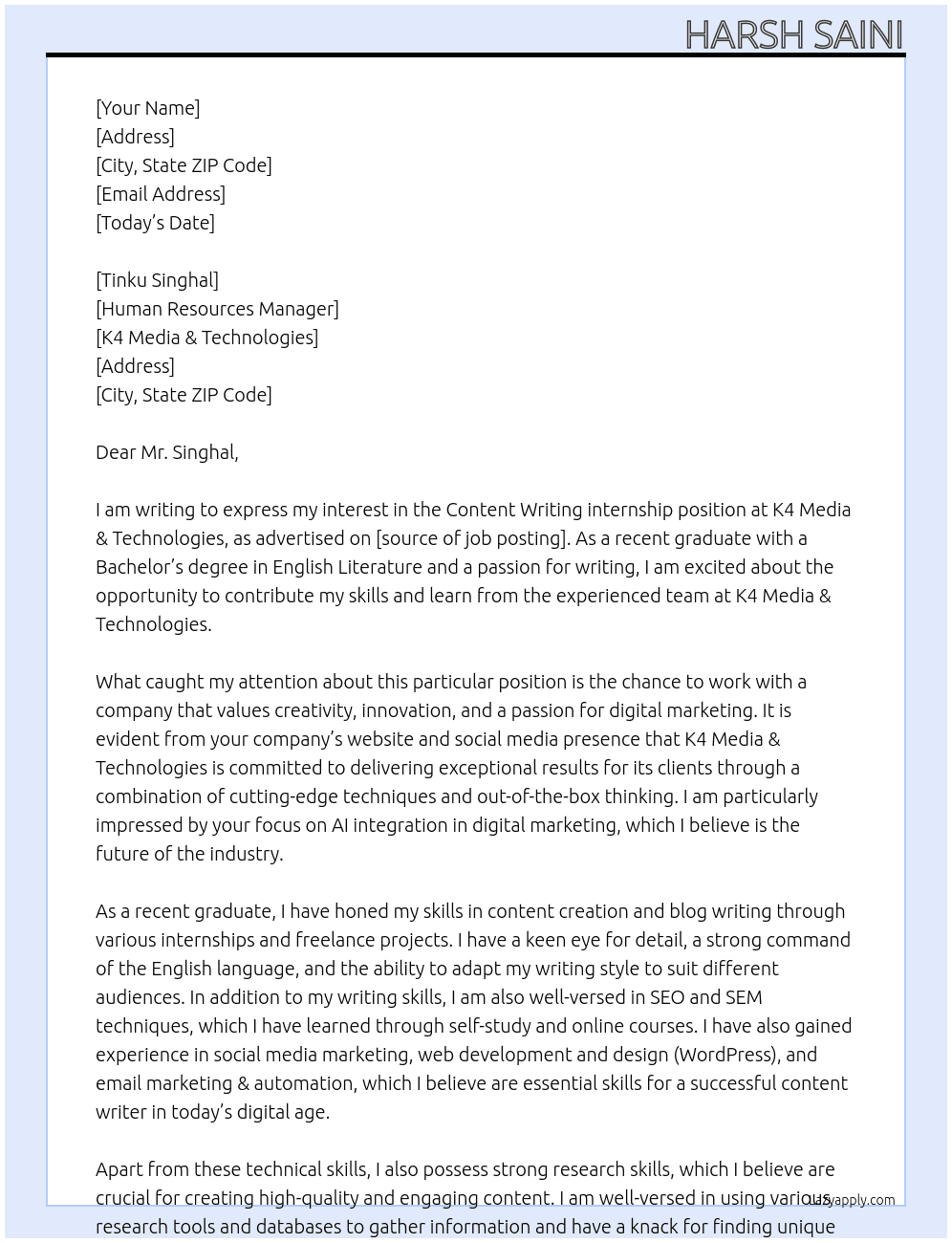 Content Writing internship At K4 Media & Technologies Cover Letter