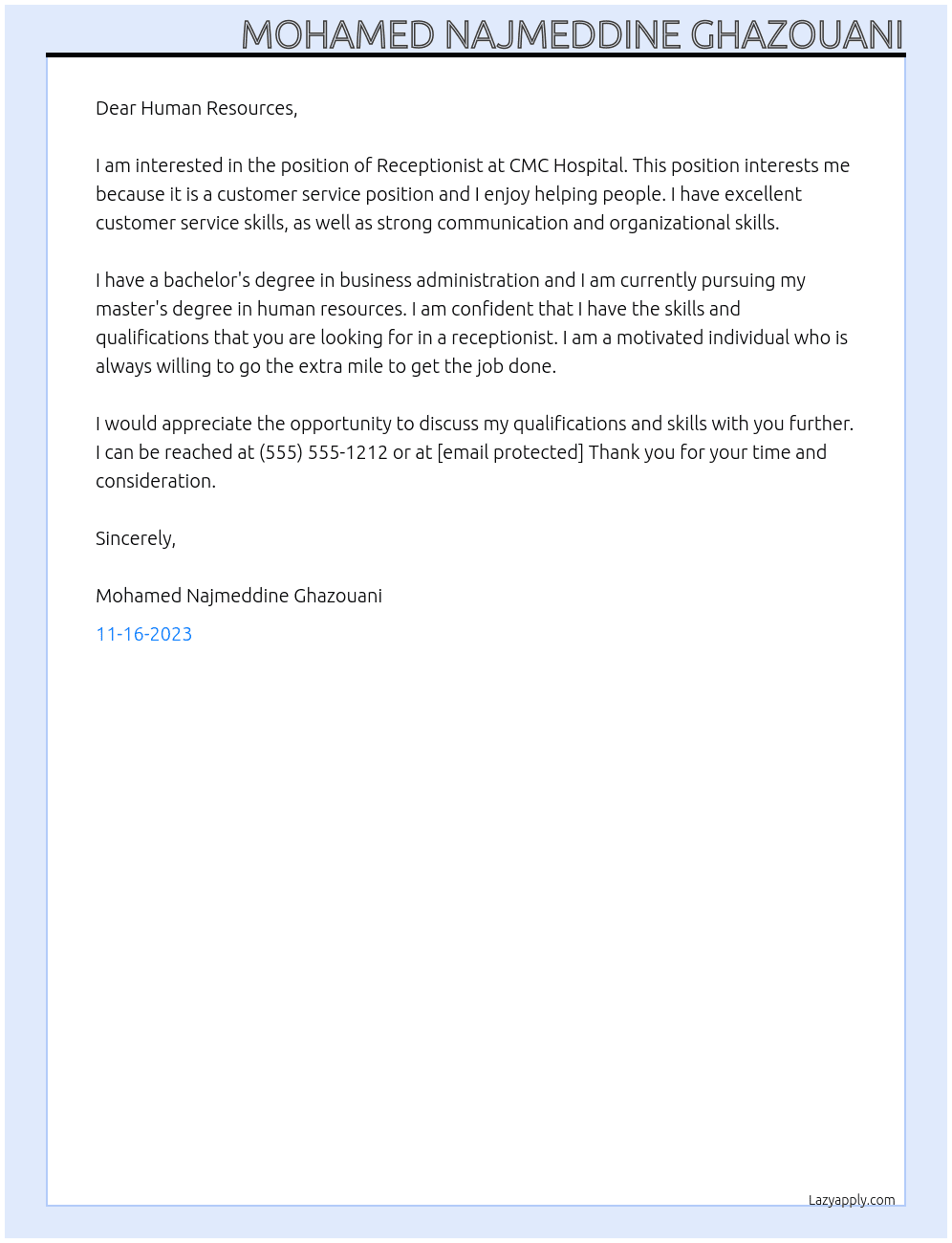 Receptionist  At CMC Hospital Cover Letter