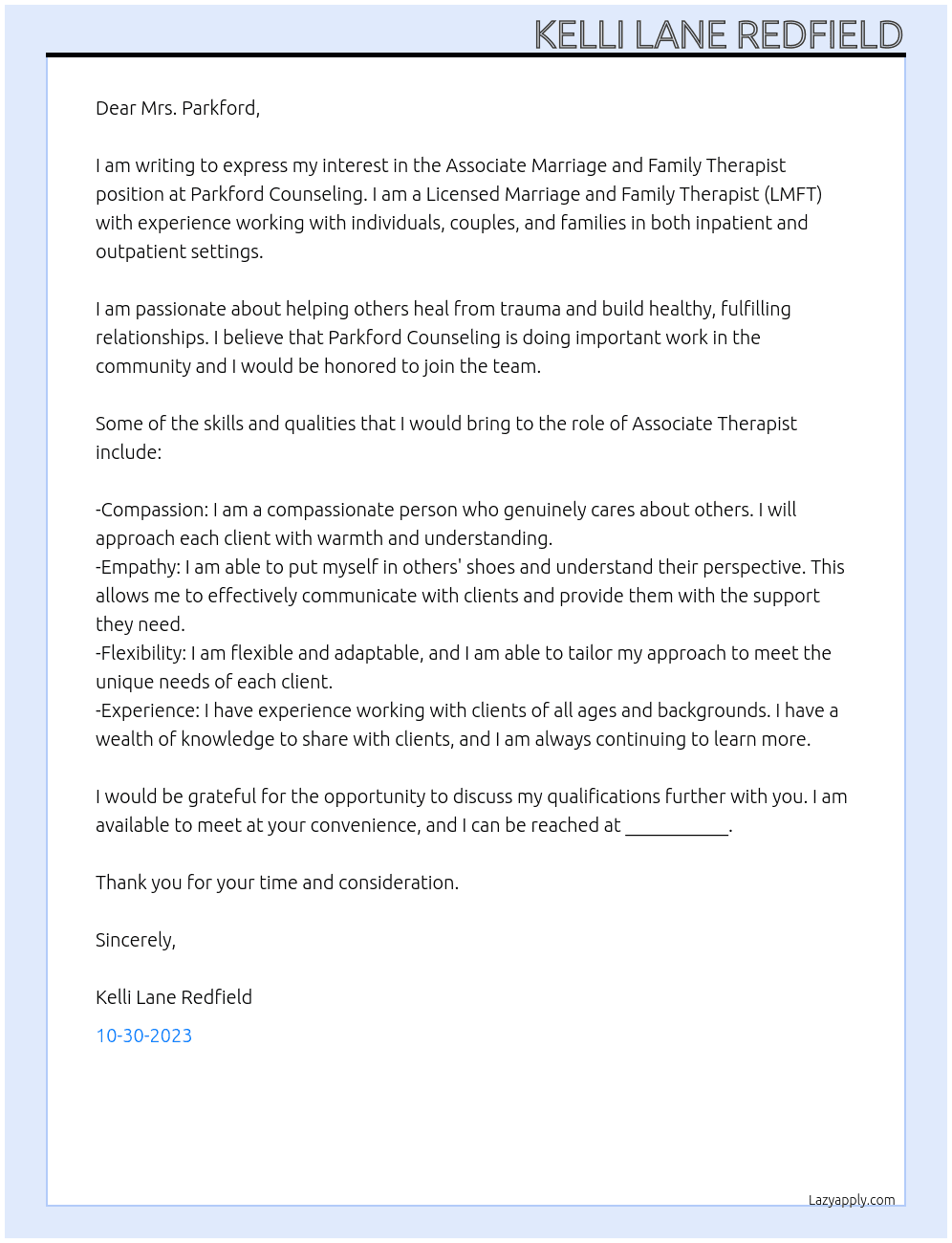 Associate Marriage and Family Therapist At Parkford Counseling Cover Letter