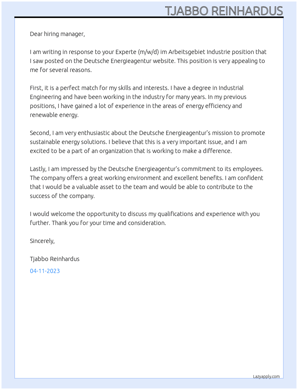 Experte (m/w/d) im Arbeitsgebiet Industrie At Deutsche Energieagentur Cover Letter