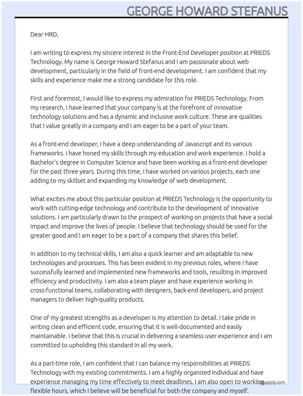 Front-End Developer At PRIEDS Technology Cover Letter
