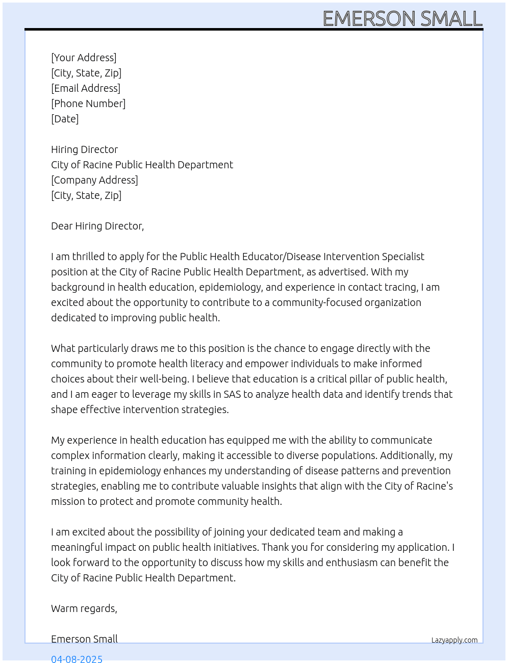 Cover letter for public health educator/disease intervention specialist - LazyApply