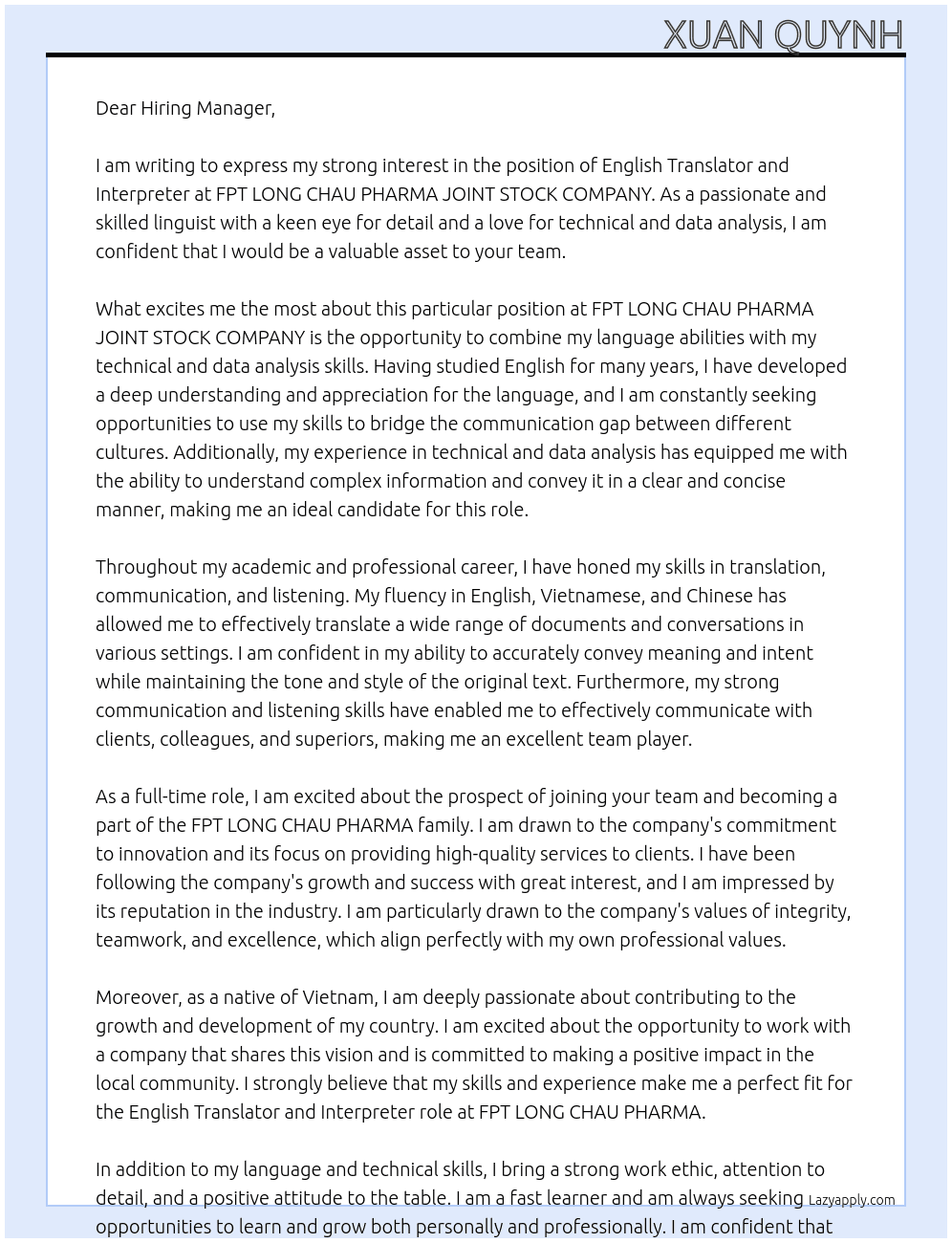 English Translator and Interpreter At FPT LONG CHAU PHARMA JOINT STOCK COMPANY Cover Letter