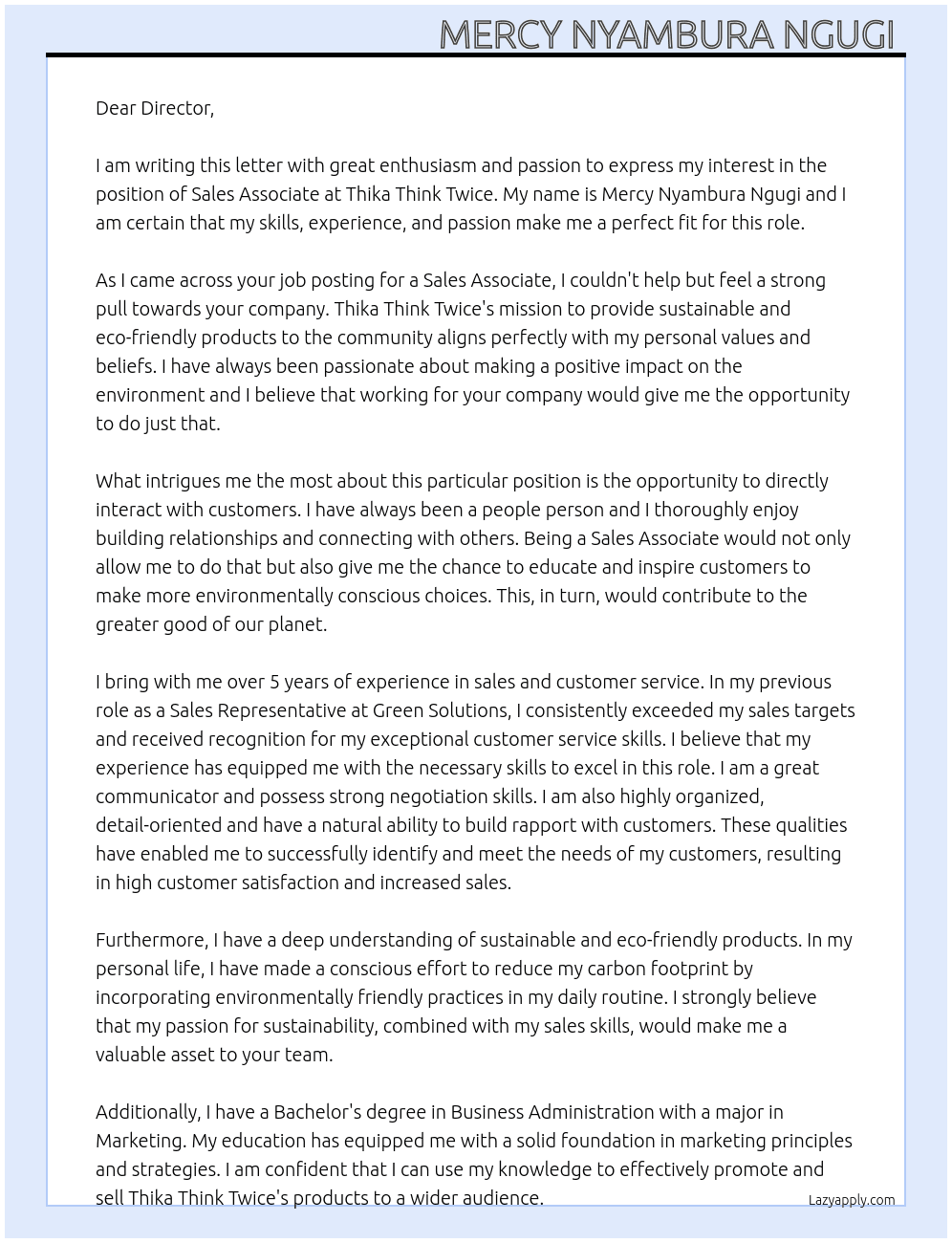 Sales associate At THIKA THINK TWICE  Cover Letter