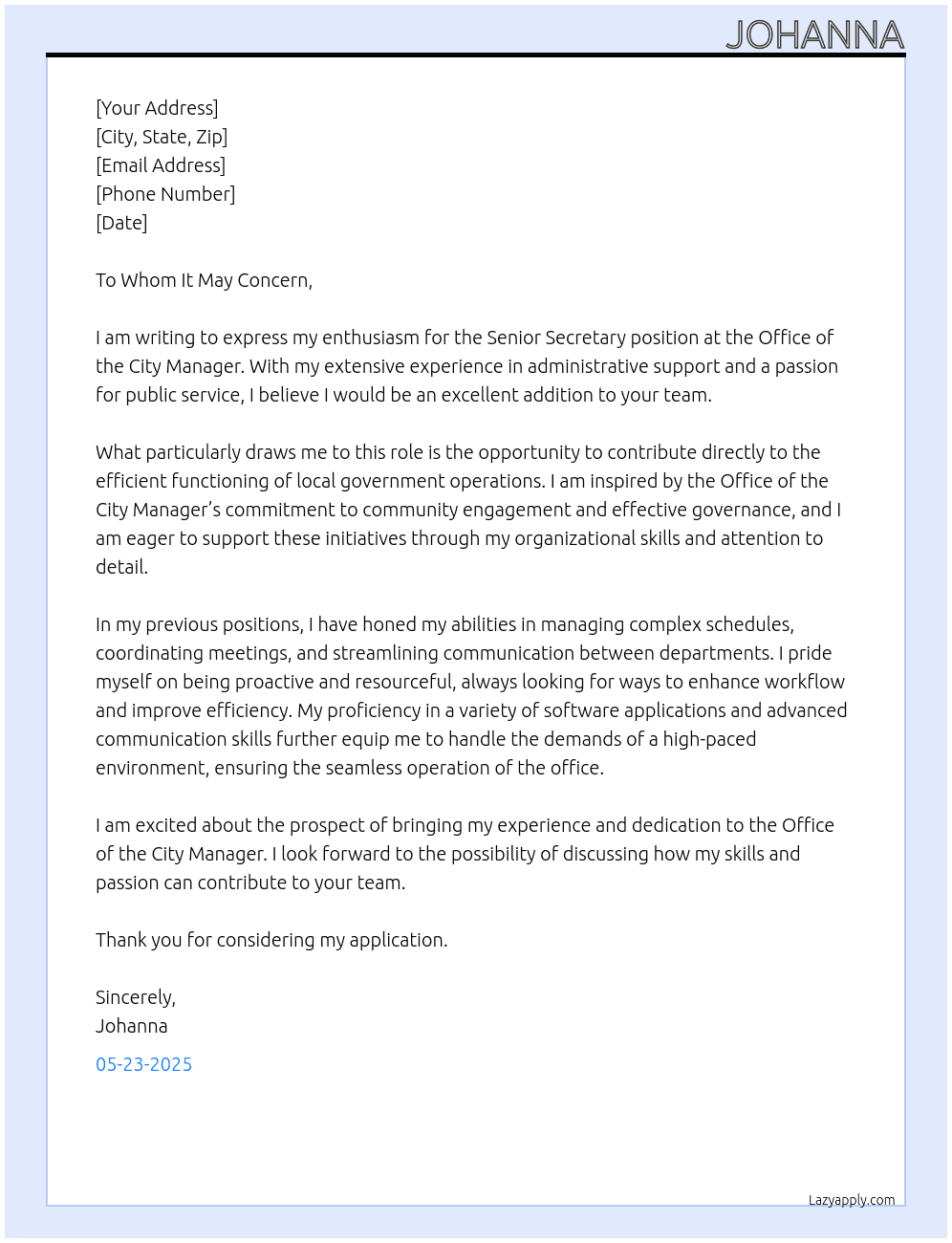 Senior Secretary At Office of the city manager Cover Letter