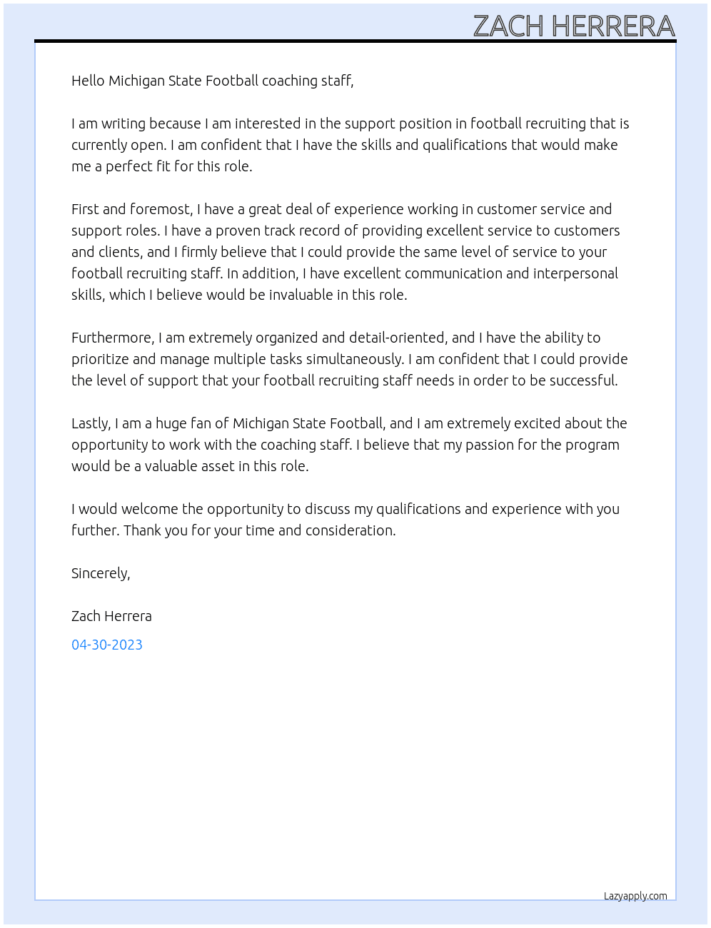 Support position in football recruiting At  Michigan State Athletics Cover Letter