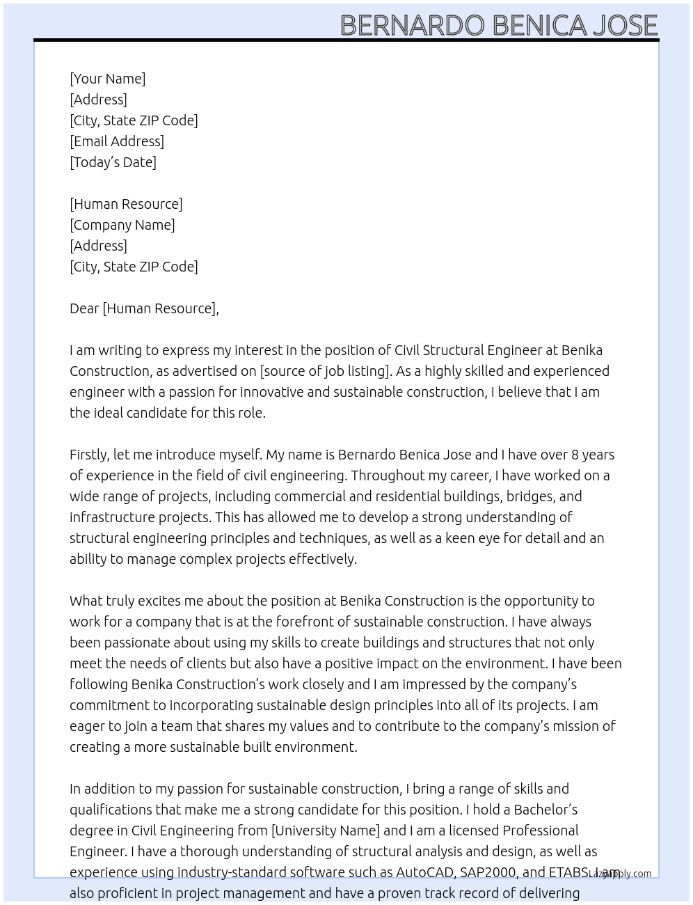 Civil Structural Engineer At Benika Construction Cover Letter