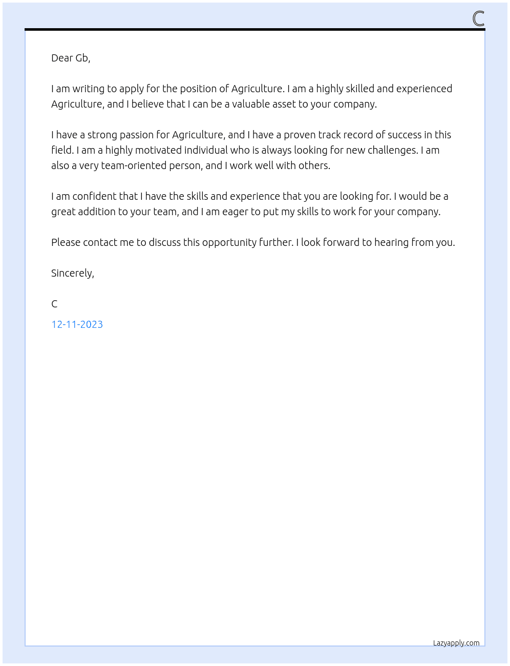 Agriculture  At Gb Cover Letter