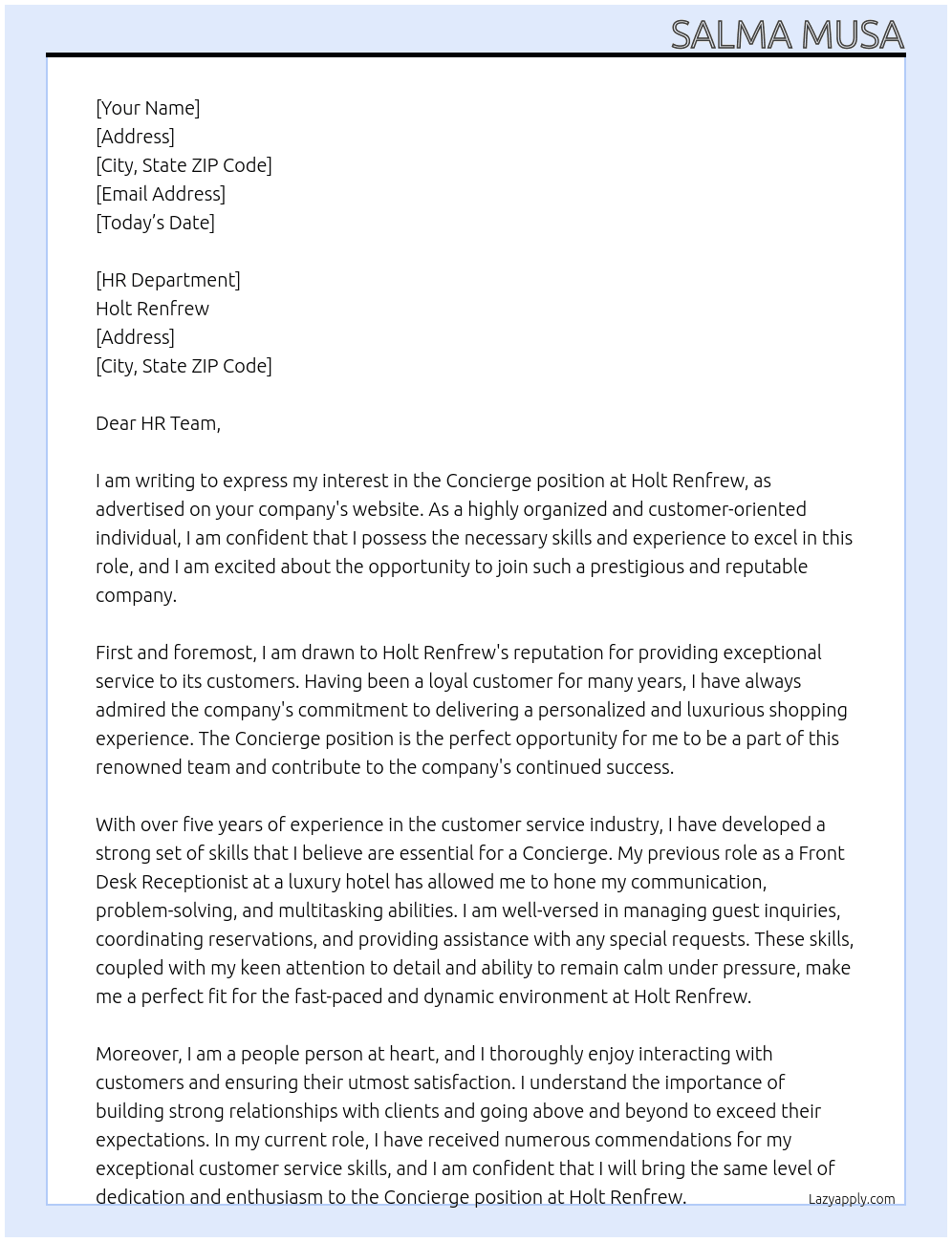 Concierge At Holt Renfrew Cover Letter