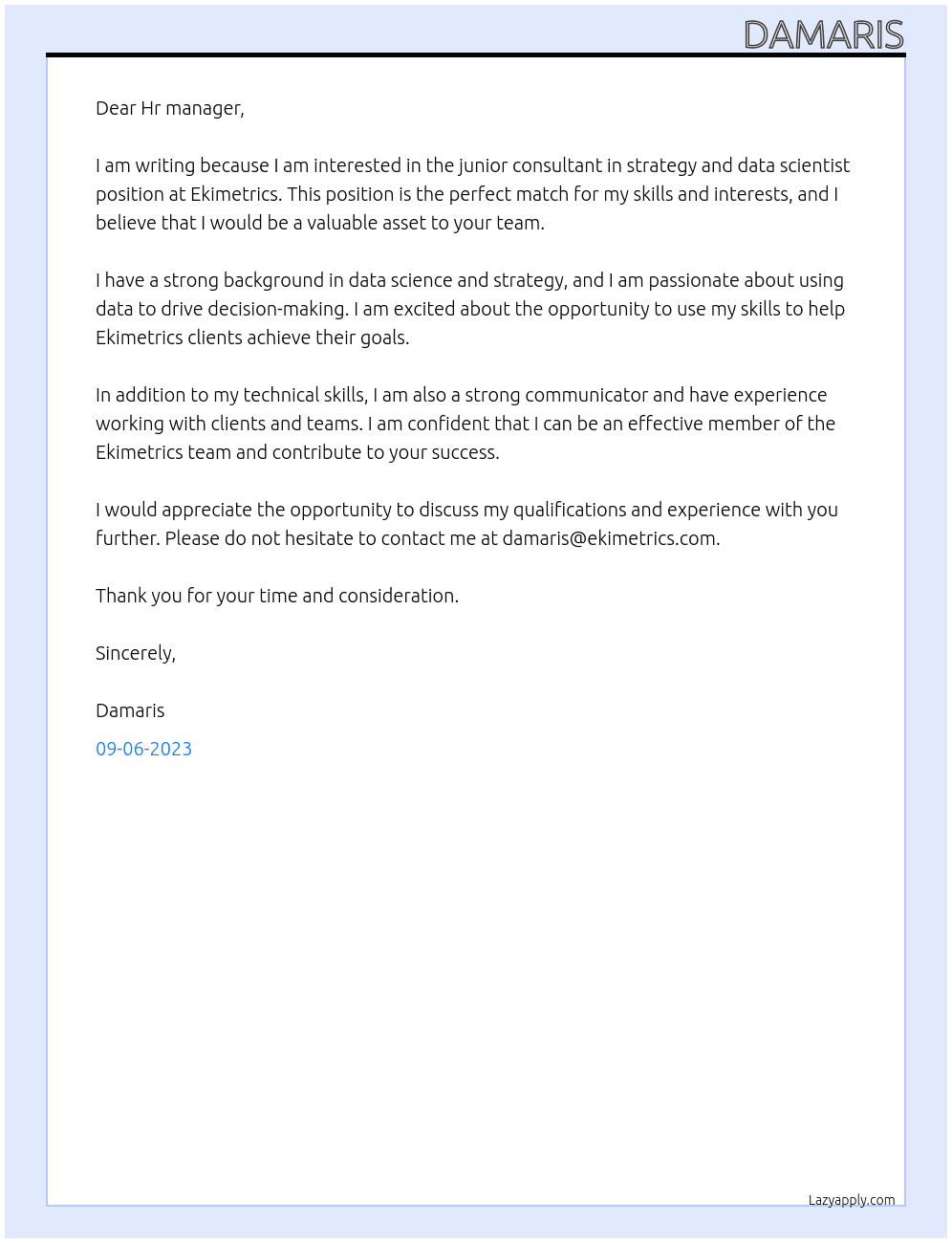 junior consultant in startegy and data scientist At Ekimetrics Cover Letter