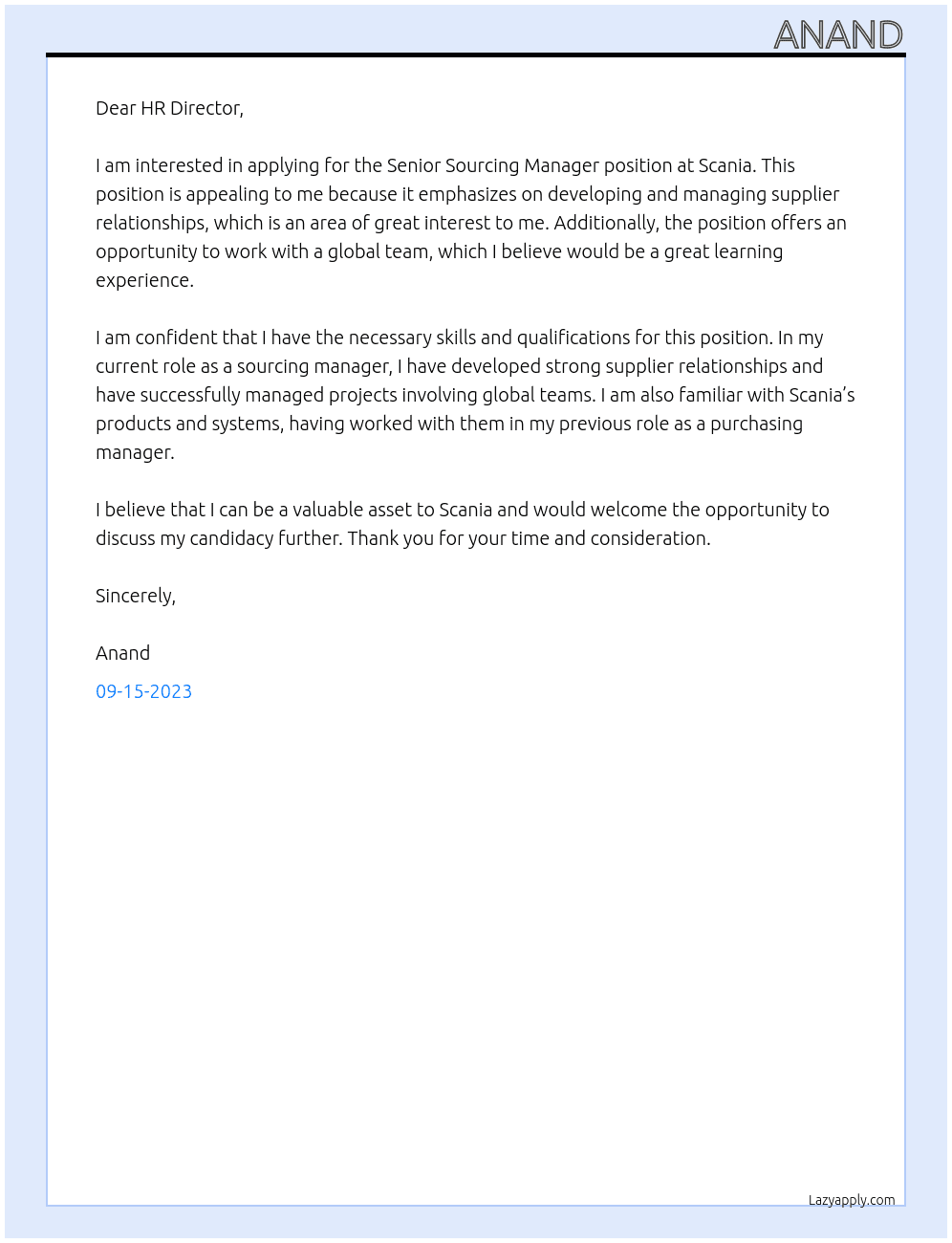 Senior Sourcing Manager At Scania Cover Letter