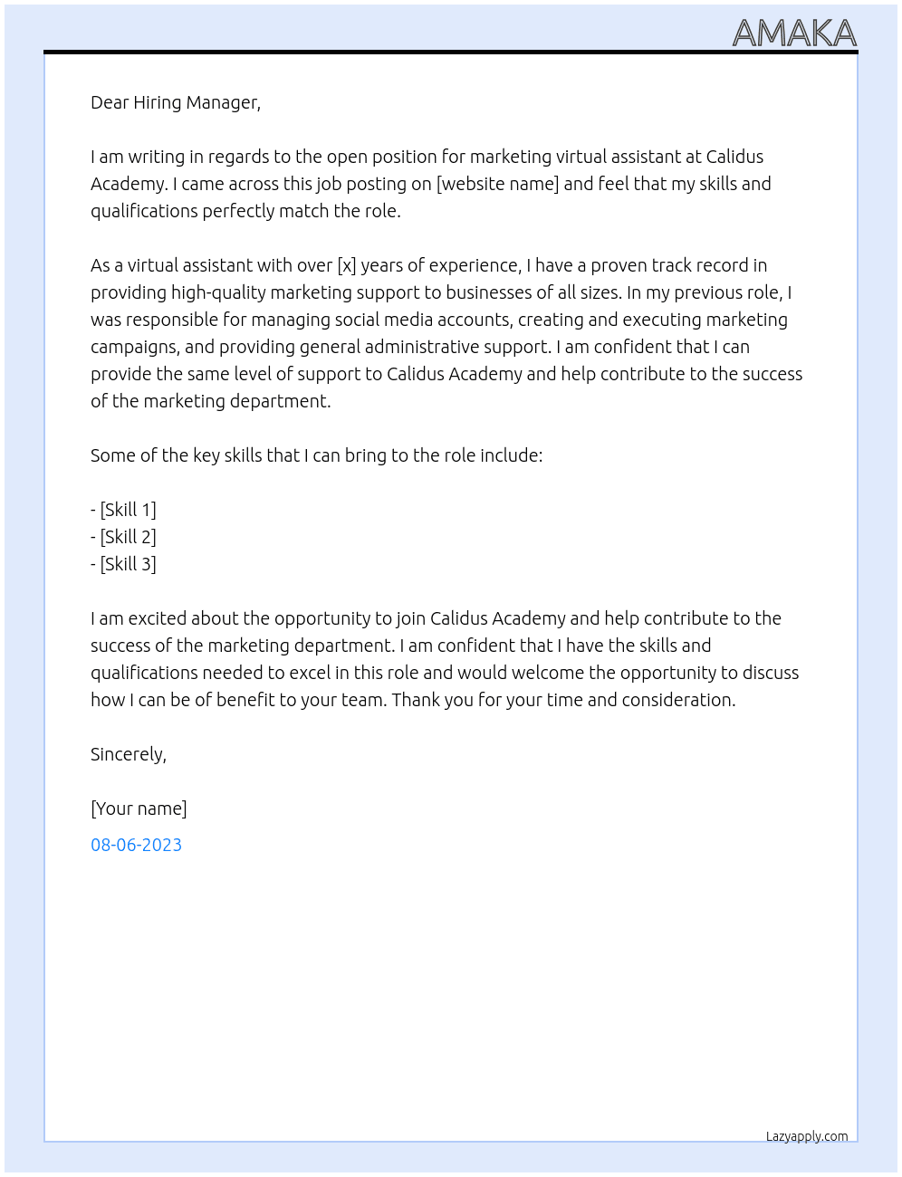 marketing virtual assistant  At Calidus Academy Cover Letter