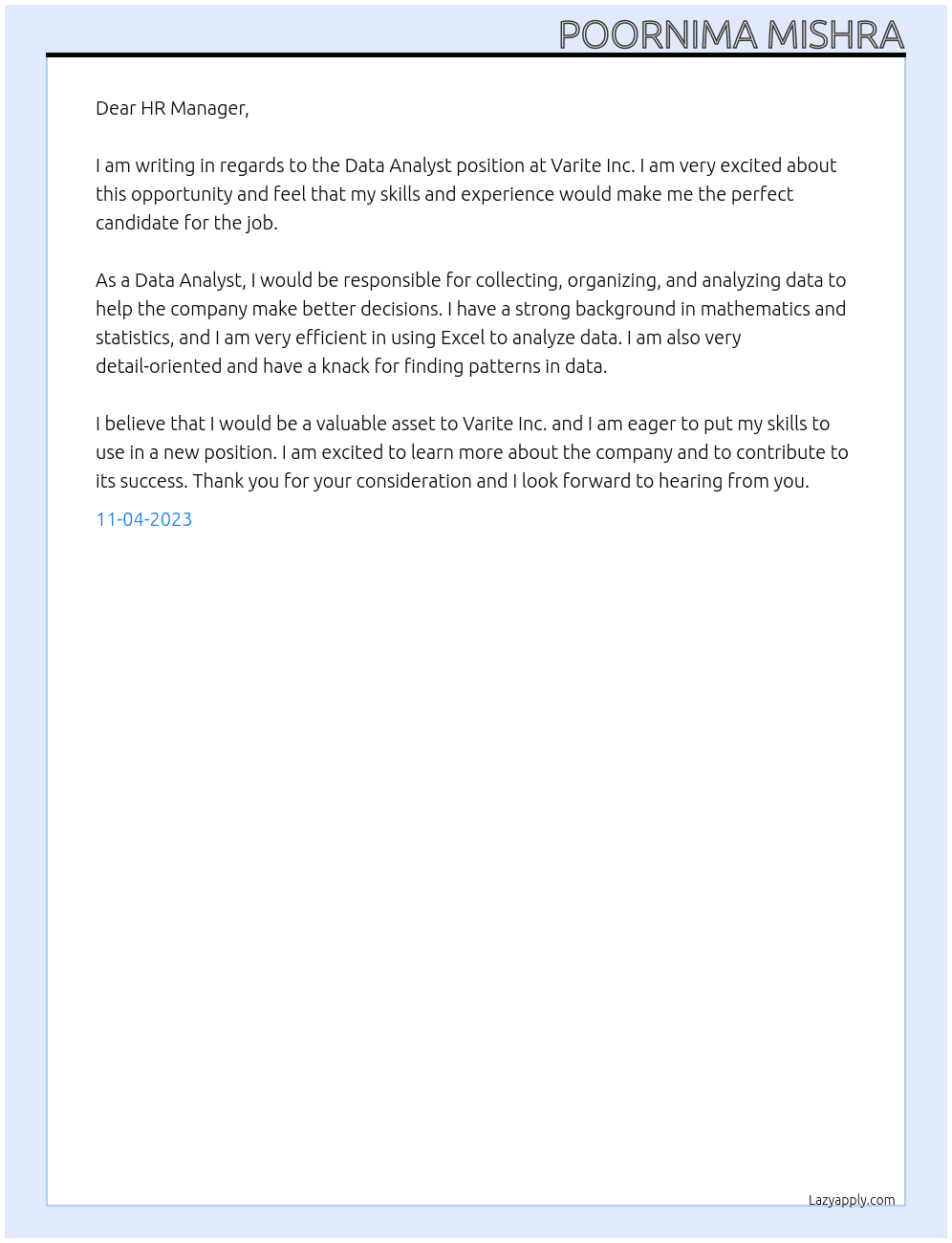 Data Analyst  At Varite Inc Cover Letter