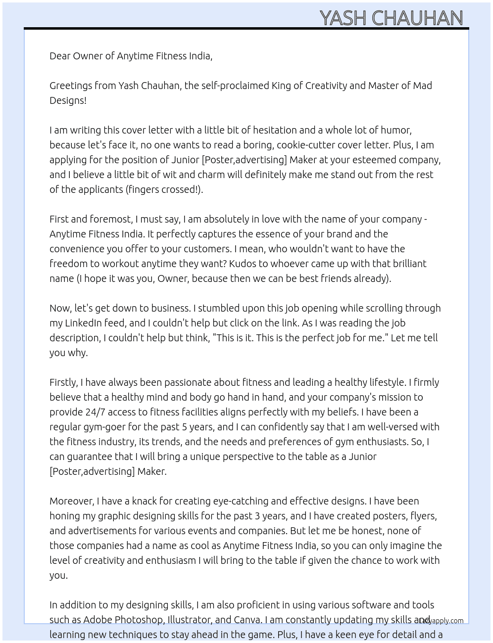 Junior [Poster,advertising] Maker At Anytime fitness india Cover Letter