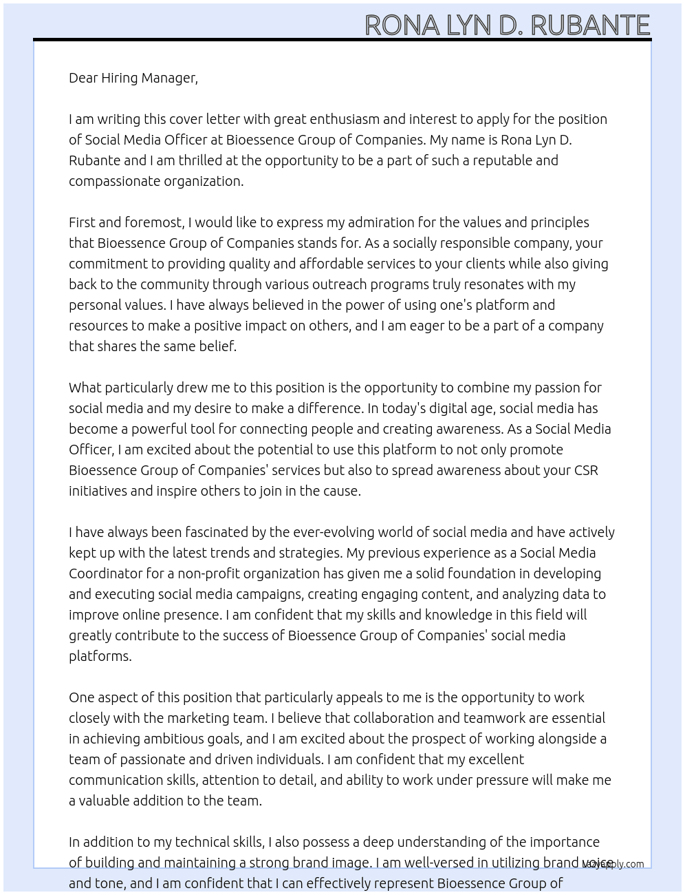 Social Media Officer At Bioessence Group of Companies Cover Letter