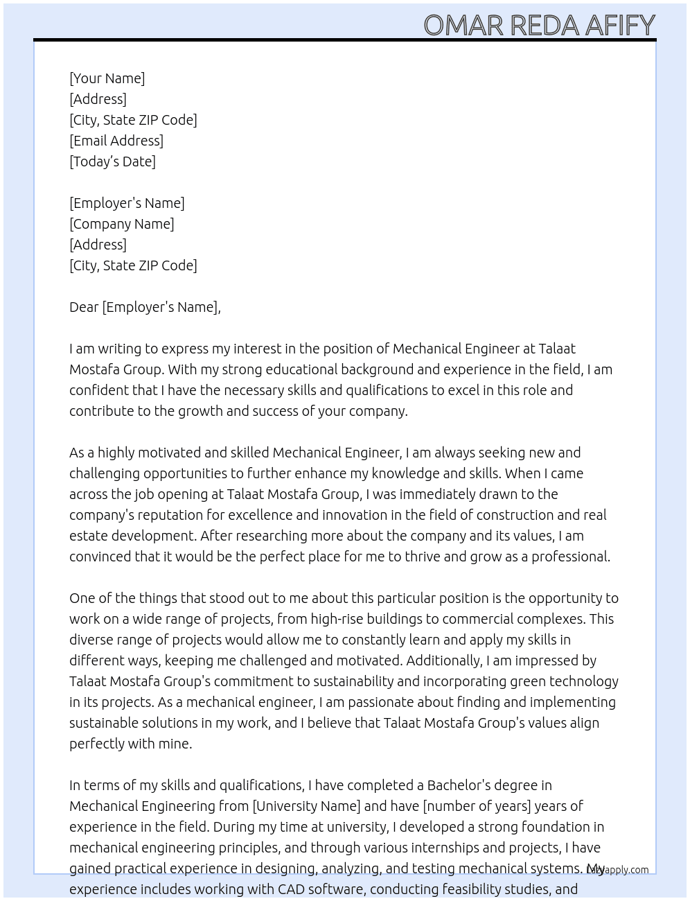 mechanical engineer At Talaat Mostafa Group Cover Letter