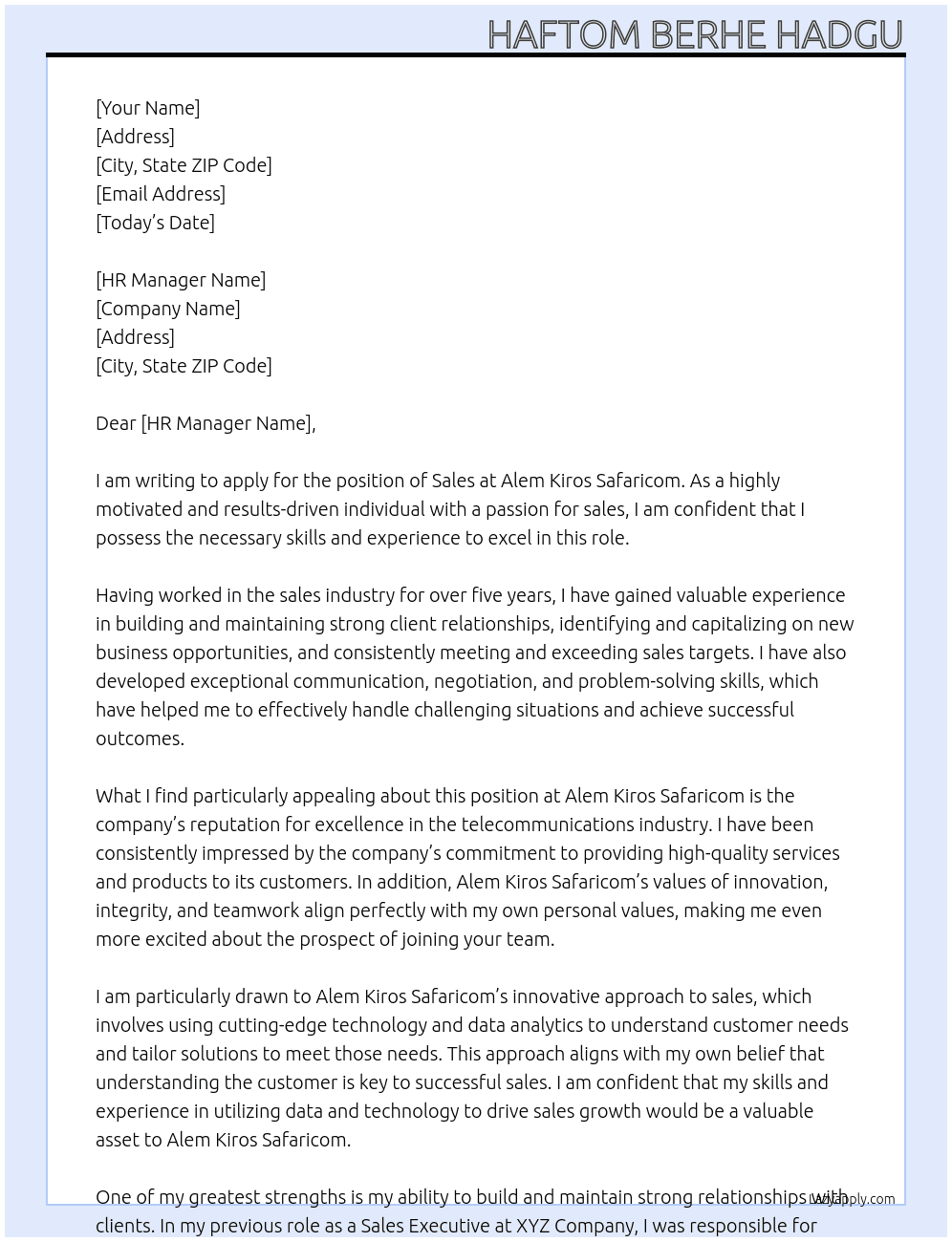 Sales At Alem Kiros Safaricom Cover Letter