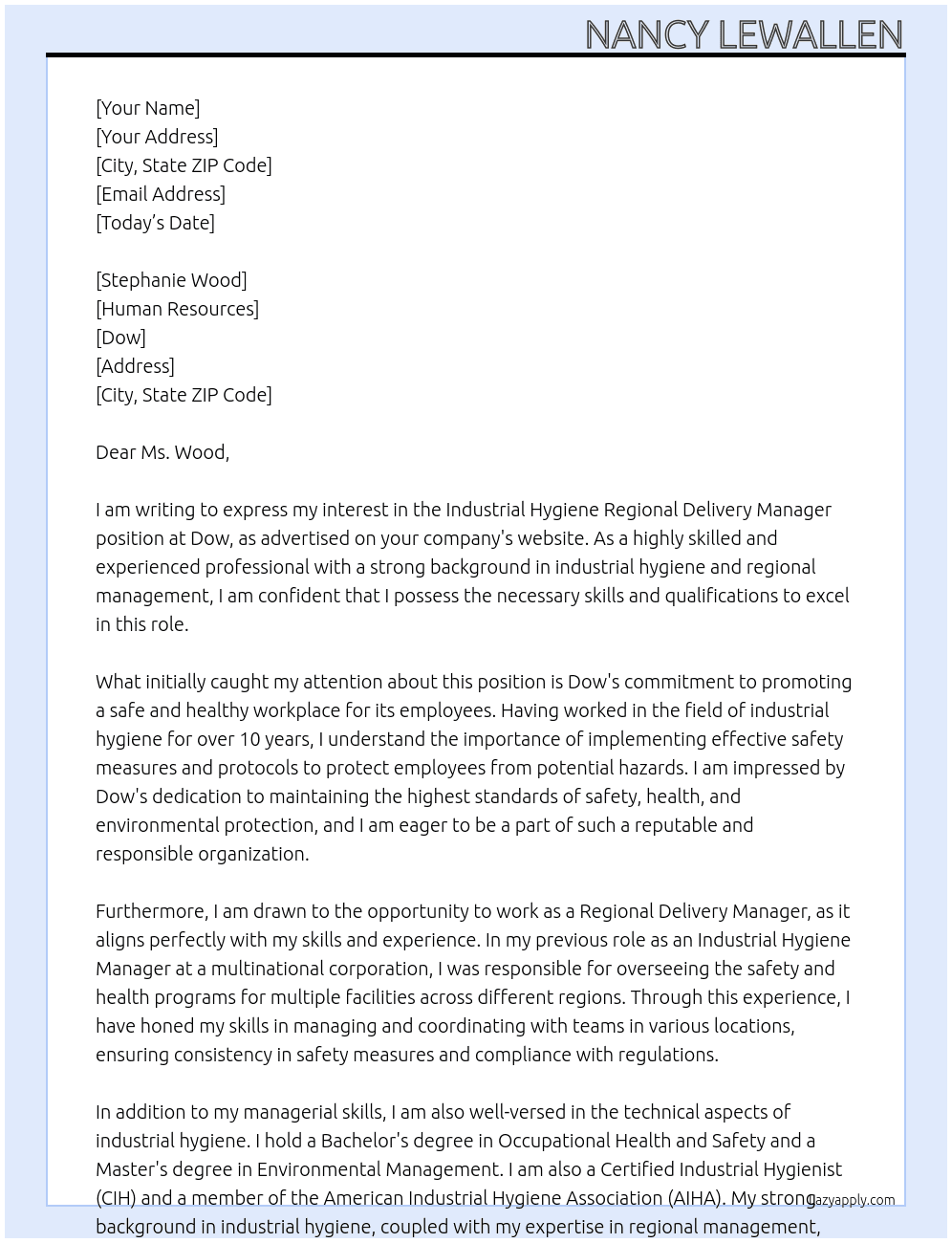 Industrial Hygiene Regional Delivery Manager At Dow Cover Letter