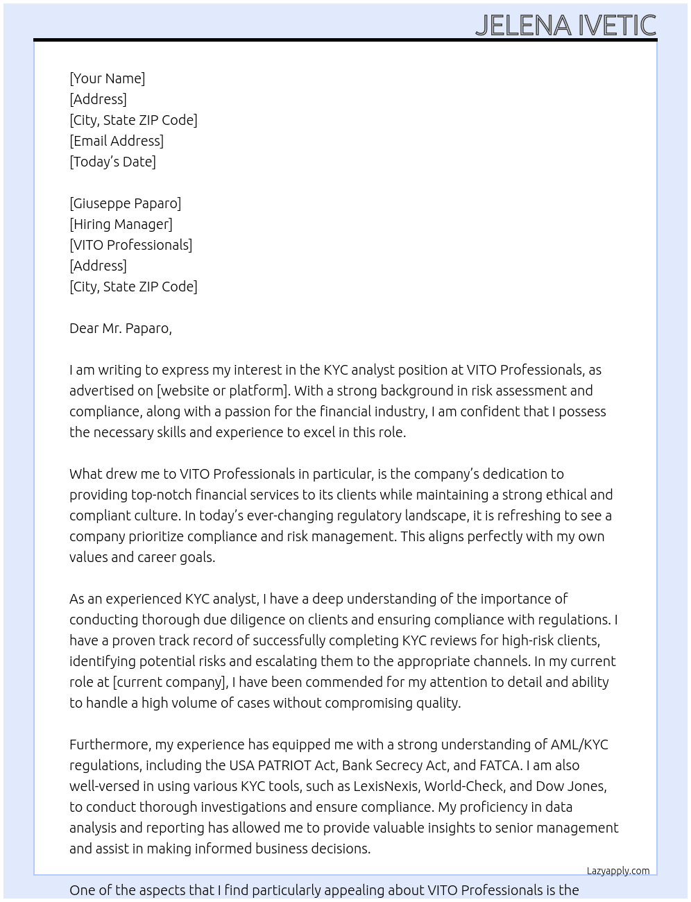 KYC analyst At VITO Professionals Cover Letter