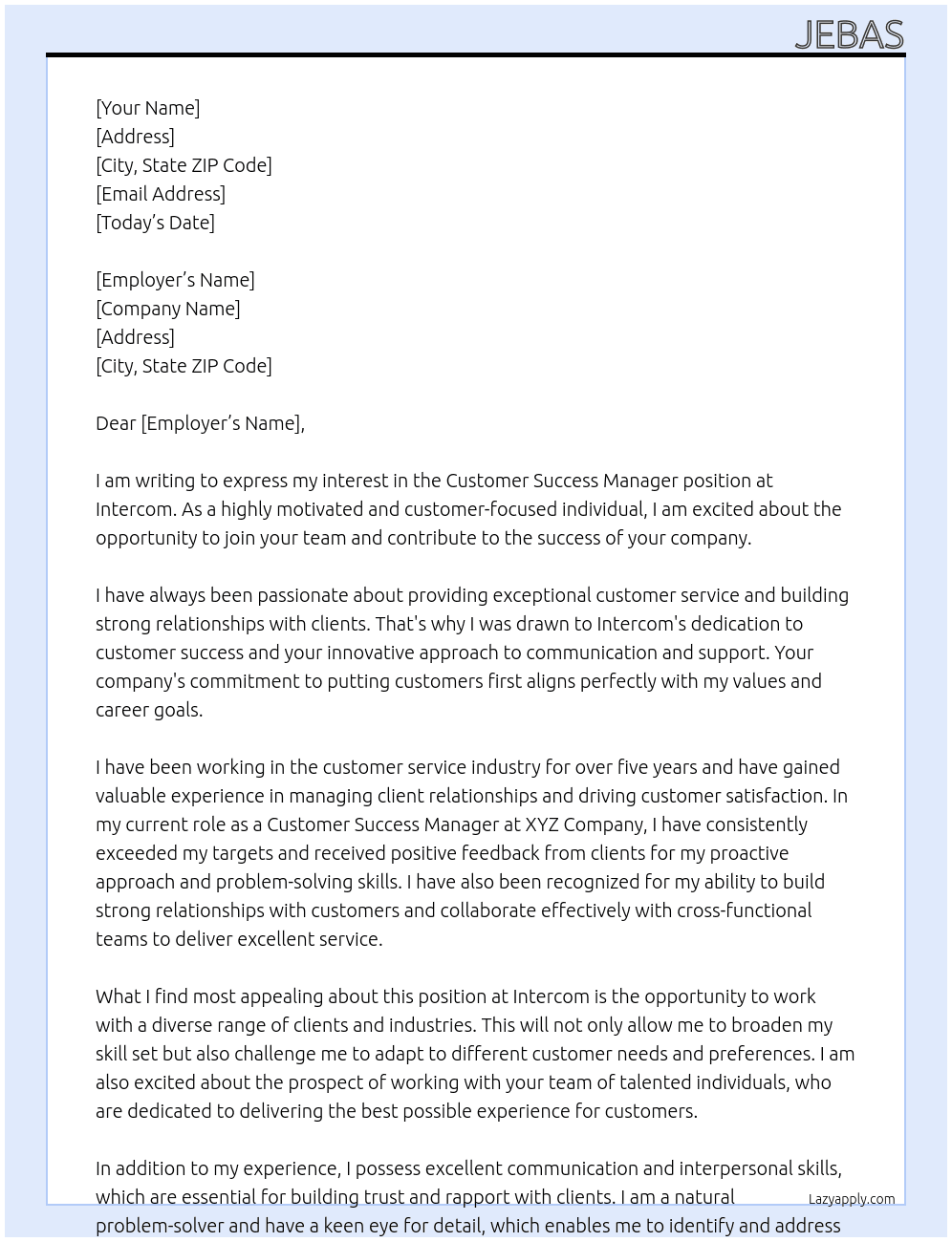 Customer success Manager At Intercom Cover Letter