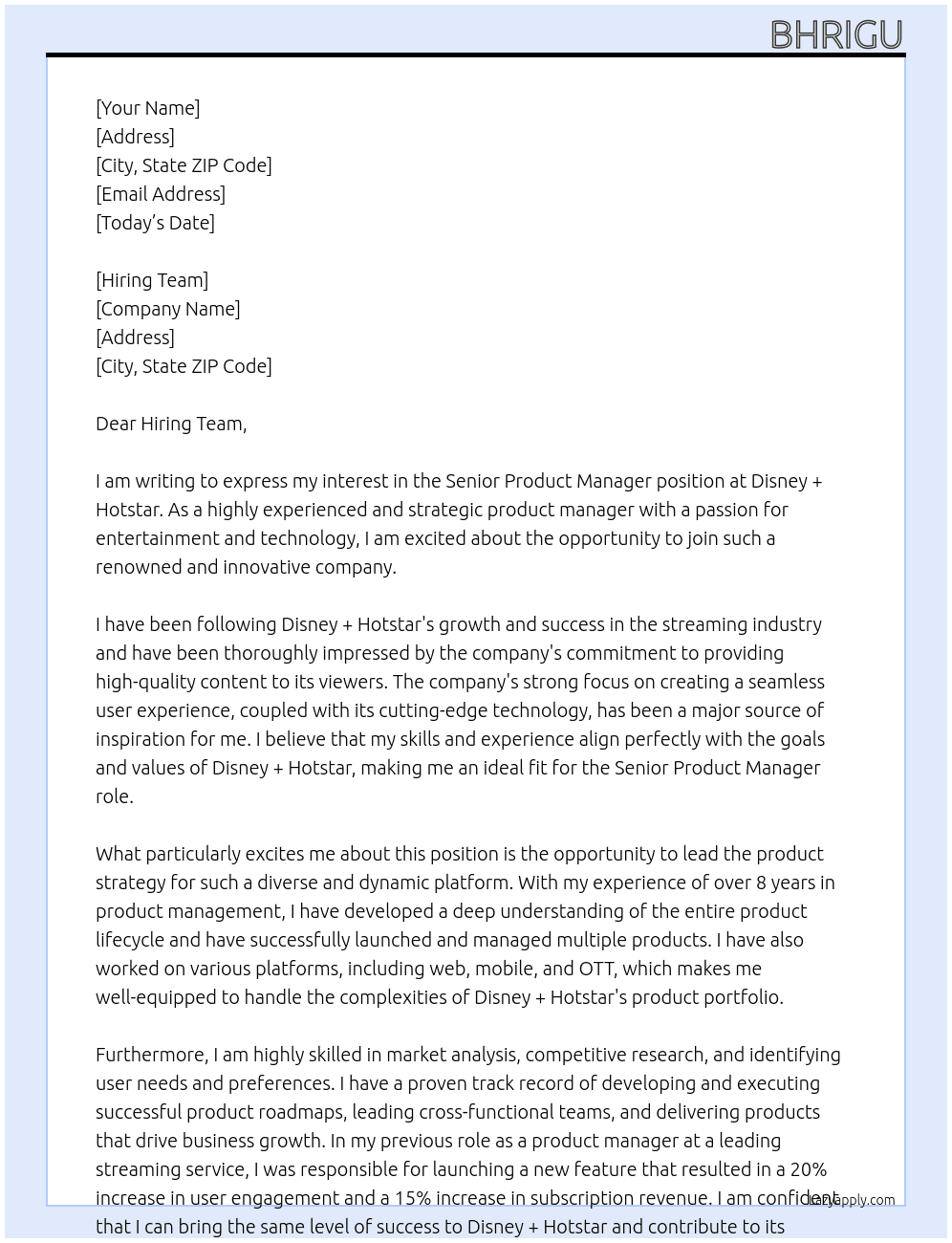 Senior Product Manager At Disney + Hotstar Cover Letter