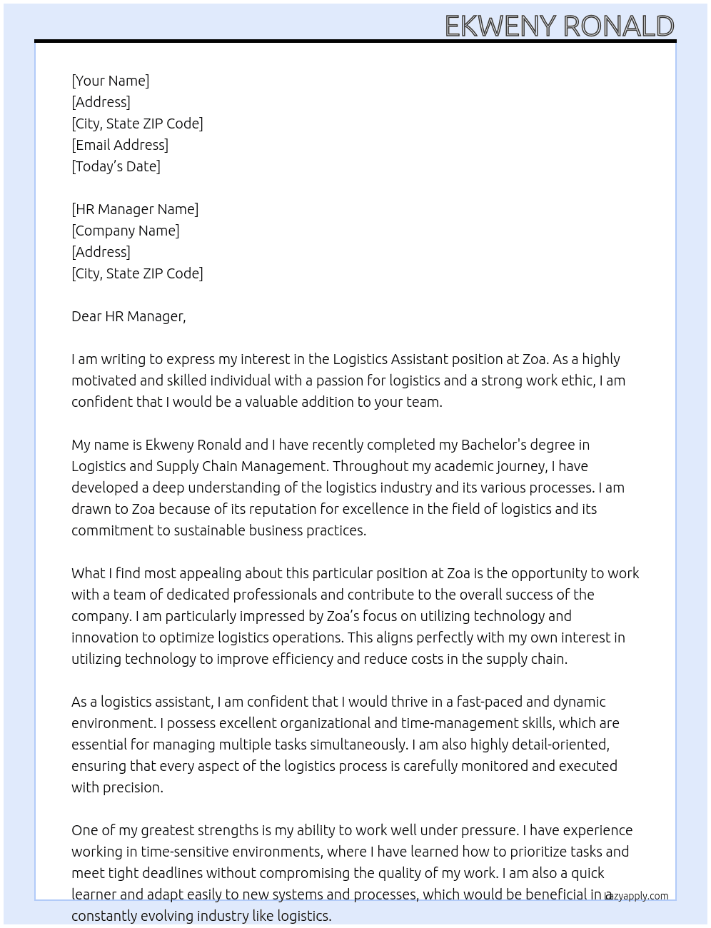 Logistics assistant At Zoa  Cover Letter