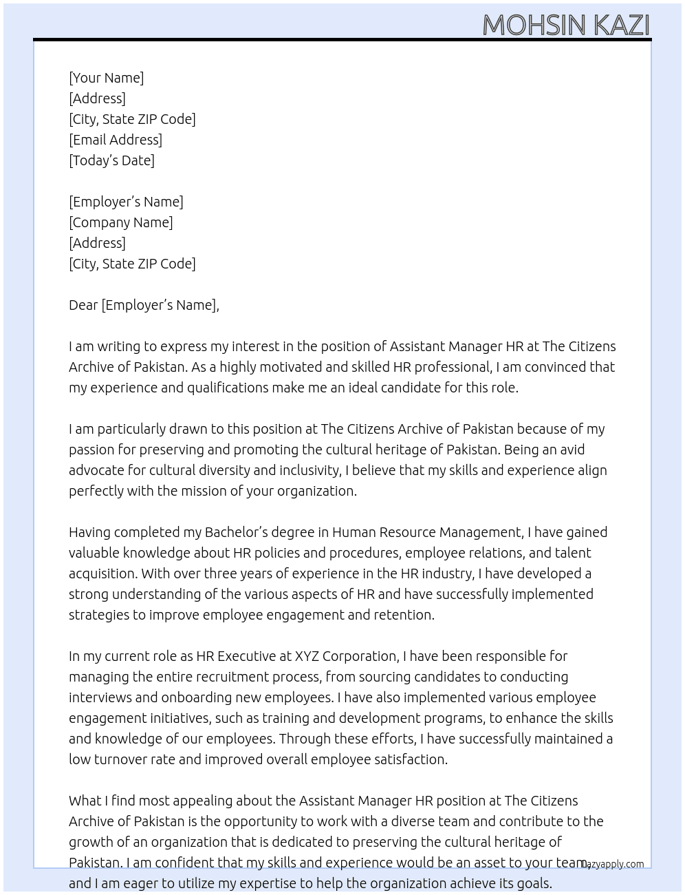 Assistant manager HR At The citizens archive of Pakistan  Cover Letter