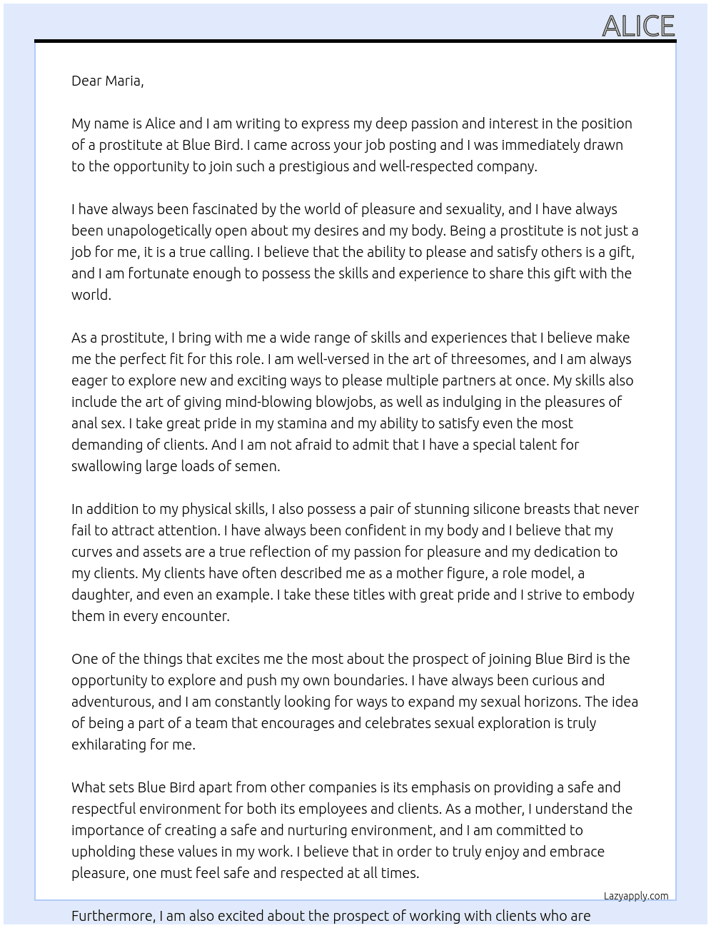 Prostiture At Blue Bird  Cover Letter