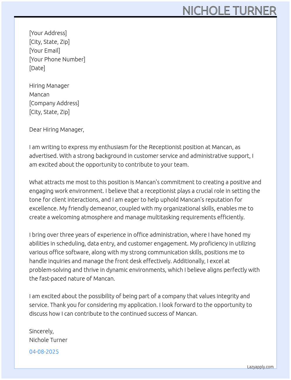 Receptionist  At Mancan Cover Letter