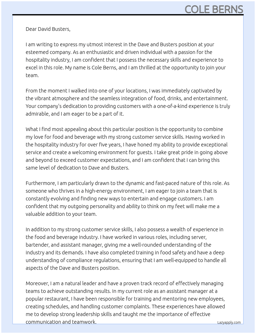 Dave and busters  At David busters  Cover Letter